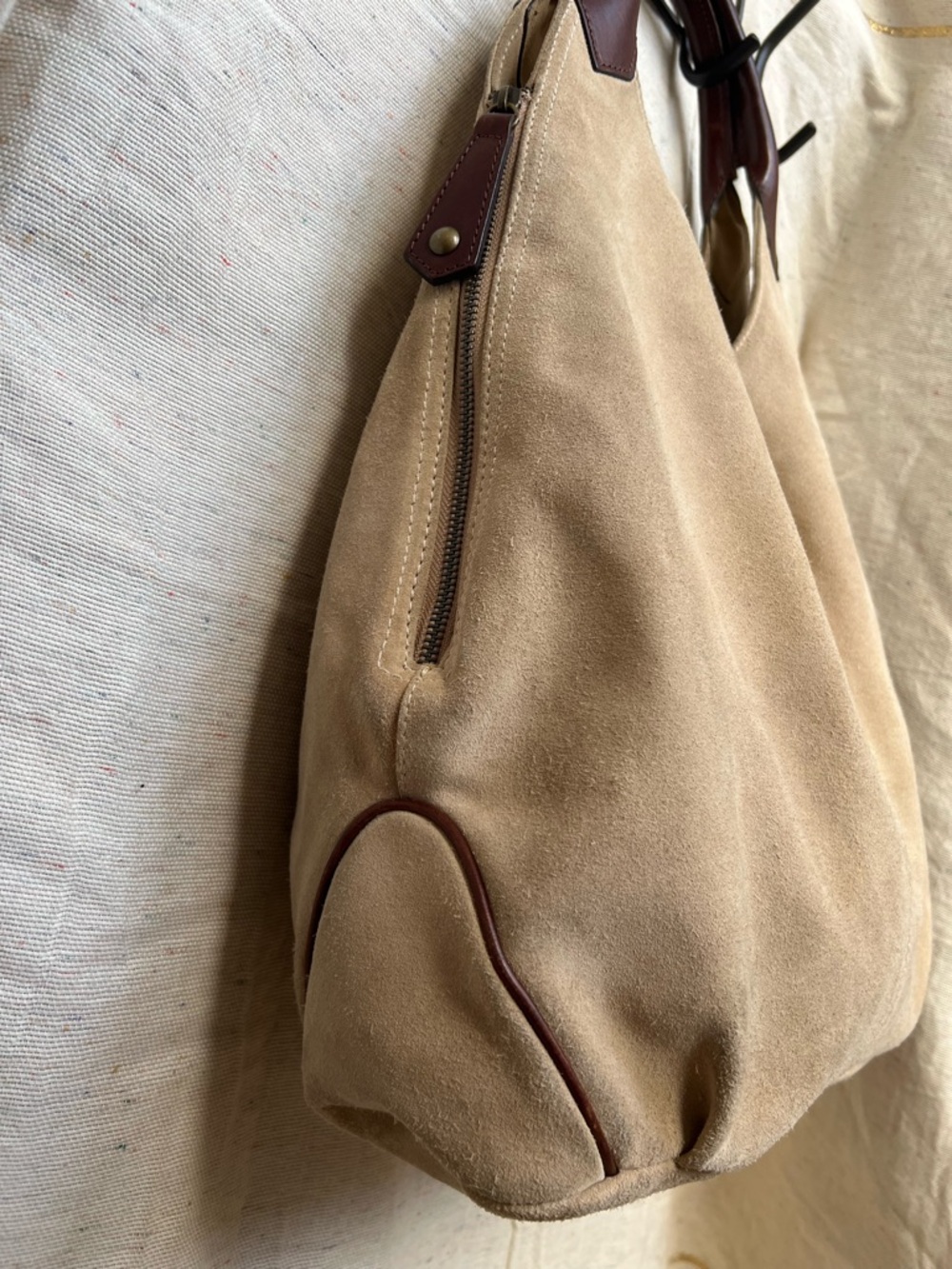 NARDELLI Neutral Suede Hobo Bag with Brown Leather Handles - Picture 2 of 16